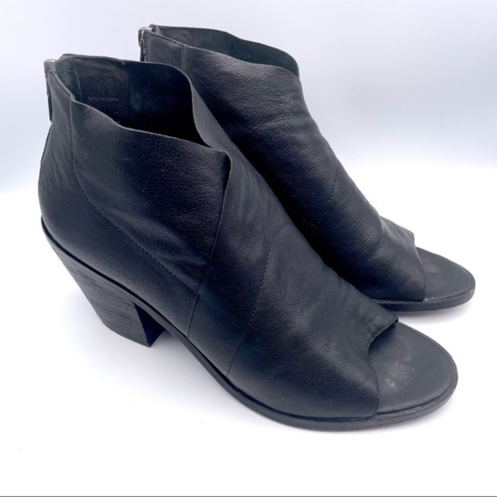 Eileen Fisher Boot Open Toe High Heel Bootie Black Leather Zips in Back Size 10